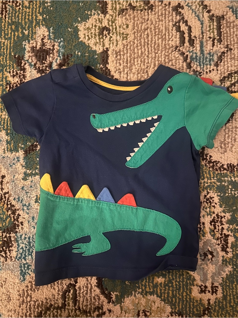 Mini Boden Navy Blue Tee with Green Crocodile Appliqué and Multicolor Spikes